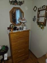 Dresser & Contents, Clock, Lamp, Mirror, Shelf