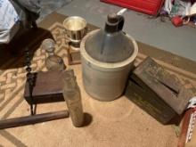 No. 5 Croc Jug, Ammo Can, Early Auger and Box, Glass Bottles