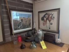Framed artwork, dog figurine, oil lamp and more