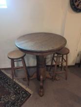 Oak pedestal high top table with 2 stools