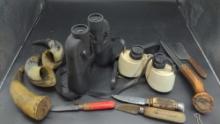 Binoculars Horns and fixed blade knives