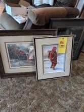 Group of framed artwork pieces, Hunting Santa, covered bridge