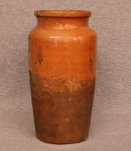 Tall Redware Storage Jar with Partial Glaze  10"