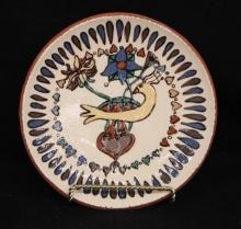 Contemporary Redware Plate  Folk Art Bird, Heart, and Tulip