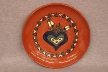 Contemporary Redware Plate  Folk Heart and Tulip Design