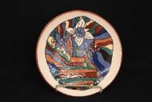 Contemporary Redware Plate  Abstract Floral Multicolor Design