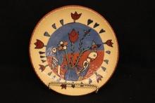 Contemporary Redware Plate  Folk Art Birds and Tulips Motif