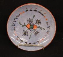 Contemporary Redware Plate  Blue Speckled Glaze w/ Folk Floral Design