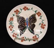 Contemporary Redware Plate  Painted Butterfly and Floral Garland