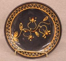Contemporary Redware Plate  Black Glaze with Slip-Trailed Floral Vine