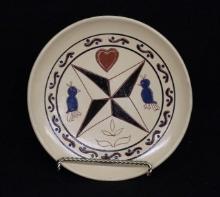 Contemporary Redware Plate  Hex Sign Motif with Birds and Heart