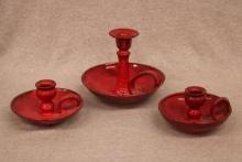 Set of 3 Red Glazed Pottery Chamberstick Candleholders