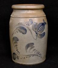 Decorated Stoneware Crock with Cobalt Floral Slip