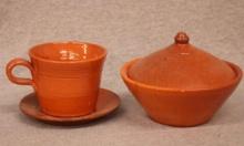 Jugtown cup & saucer, covered sugar