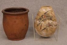 Eggg Shaped Native American Vase & Early Redware Storage Jar