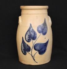 Stoneware Crock with Cobalt Leaf Decoration