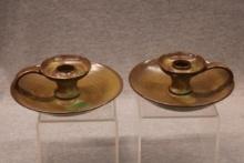 Redware green/brown glaze candlesticks