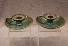 Redware green/brown glaze candlesticks