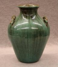 Studio Pottery Vase with Braided Handles and Green Drip Glaze