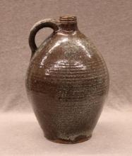 Salt-Glazed Stoneware Jug with Threaded Spout and Strap Handle