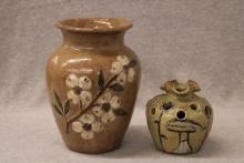 2 Handcrafted Folk Art items - Vase & Flower Frog