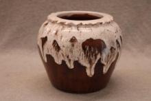 Signed Studio Pottery Jar with White Drip Glaze