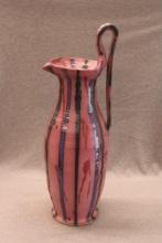 Tall Eccentric Art Pottery Pitcher with Striped Glaze