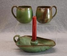 Studio Pottery Grouping  Two Mugs and Chamberstick