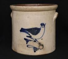 Five-Gallon Stoneware Crock with Cobalt Bird