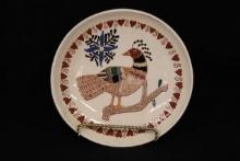 Contemporary Redware Plate  Folk Art Bird & Heart Motif