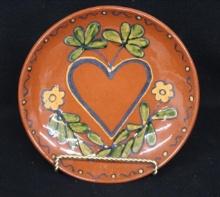 Contemporary Redware Plate  Heart & Floral Folk Art Design
