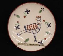 Contemporary Redware Plate  Stylized Folk Bird with Floral Accents