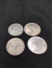 (4) Morgan 1889o, 1921, 1880, 1923 Peace Silver Dollars Gem BU