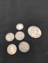 Silver 1906,7,10,12 Barber nickels, 1951 Roosevelt Dime and 1955 Franklin Half