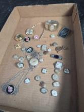 Box lot of vintage wrist watch components, works, jewelry