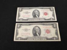 Pair of US $2 notes series 1953 C red seals