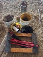 furniture, dolly, torch, welding rod, chisels, hardware.