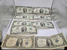 2- $1 Silver Certificates and 7- $2 Bills
