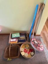 Basket, playing cards, yard sticks, novels and magazines, timers