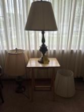 side table, 2 matching lamps and extra shade