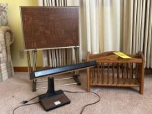 magazine holder, 4 dinner stands, desk lamp