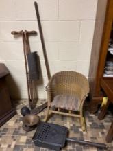 wicker rocker, corn jabber, vintage horn, churn stick