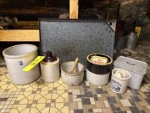 Stone ware jug, and crocks, antique drying rack, tinbox