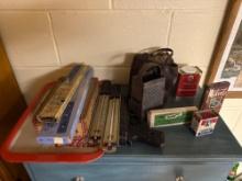 antique contents in cabinet and items on top