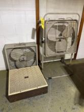 3 box fans, one has rack on wheels