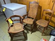 3 woven chairs, ones a rocker