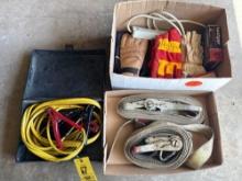 Jumper cables, ratchet straps, hand grips, gloves