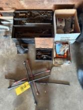 Bottleneck jack, (2) tire irons, misc. tools and boxs