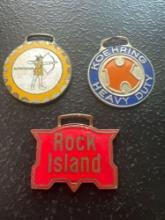 (3) Vintage Watch Fobs - Marksman Marks Tractor 20th Anniversary, Rock Island, & Koehring Heavy Duty