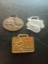 (3) Vintage Watch Fobs - John Deere Track Based Tractor, Curtis-Wright Construction Equipment, &